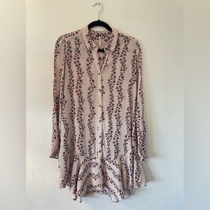 Free People Pink Floral Ruffle Hem Shirt Dress, Size Small
